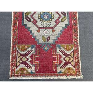 Vintage Turkish Rug Small 1.7x3.2 ft (52x98 Cm) Eco Friendly <b>Red</b> Patchwork <b>Wool</b> Rug with Latex Backing - Product Image 4