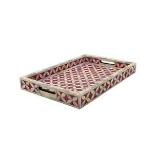 Ensemble de plateaux de luxe arabes faits à la main et personnalisables avec incrustation de nacre et coquille de capiz rouge, vaisselle multifonctionnelle décorative - Product Image 4