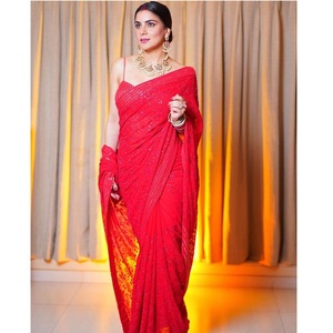 Indian Ethnic Outfit Wedding Party Wear Georgette <b>Red</b> Saree With Sequence Embroidery Work & Lace Export Quality Supplier India - Product Image 1