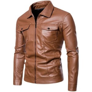Chaqueta de cuero PU auténtica informal de otoño para hombre con solapa de negocios con cremallera fina de lona hinchada con tinte estampado - Product Image 2