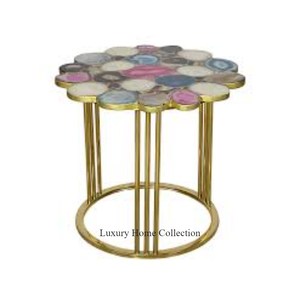Stainless Steel Frame <b>Side</b> <b>Table</b> <b>Gold</b> Color Unique Design Latest Arrival Handmade Admirable Look With Agate Marble Floral Style - Product Image 1