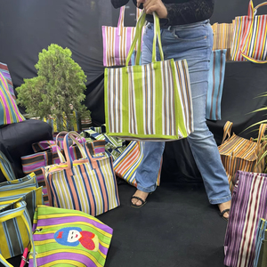 ถุงผ้าไนลอนแบบใช้ซ้ำได้เป็นมิตรกับสิ่งแวดล้อมถุงช้อปปิ้งพร้อมซิป rpet ทอลายทางพลาสติกรีไซเคิล - Product Image 1