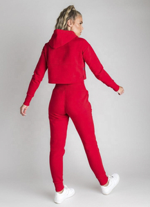Women <b>Red</b> Hooded <b>Crop</b> Sweatshirt Set Full Sleeve Breathable Lined Knitted Cotton Jogger Pants Solid Color Summer Casual Wear - Product Image 2