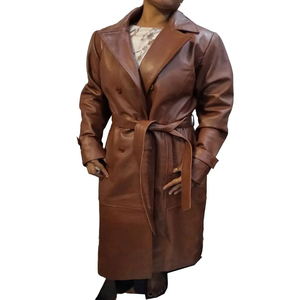 Abrigo de Cuero Tipo Gabardina para Mujer, Piel de Oveja Genuina, Color Marrón, Abrigo Largo de Invierno - Product Image 1