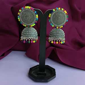 Indian Antique Floral Round Beaded Stud Wedding <b>Jhumka</b> Supplier Oxidized Dangle Bridal <b>Earrings</b> Set for Women - Product Image 2