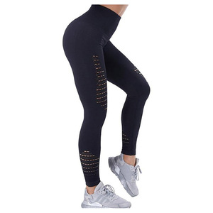 Leggings de yoga taille haute pleine longueur avec design ajouré, respirants, sans coutures, pour femmes, pantalon de sport noir uni - Product Image 2