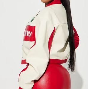 Veste de course en cuir véritable rouge personnalisée de haute qualité pour les femmes Brodé Patch recadrée vestes de course de moto - Product Image 3