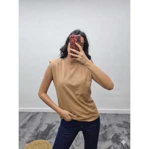 Camiseta de Manga Corta para Mujer Mybeefashion, Cuello Redondo, 100% Algodón, con Hombros Acolchados, Color Beige, para Uso Casual - Product Image 1