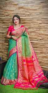 Sari RESHOM MOSLIN BENARASI, Vestido de Tela Tejida de Secado Rápido y Ecológico para Niñas, Ligero, para Bodas - Product Image 2