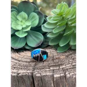 Navajo Onyx & <b>Opal</b> Sterling Silver Inlay Statement <b>Ring</b> for <b>Men</b> Size 9.25 - Product Image 1
