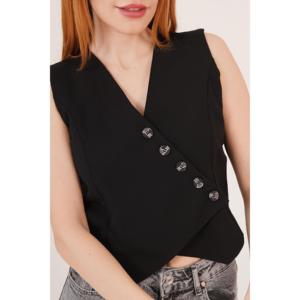 Chaleco Negro con Cuello en V y Botones para Mujer, Marca Lustrin, con Dobladillo Triangular, Tejido de Mezcla de Viscosa y Poliéster para Venta al Por Mayor - Product Image 2