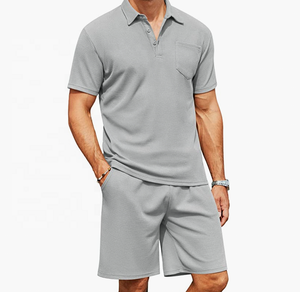 Ensemble polo et short en maille gaufrée pour homme, 2 pièces, tenue d'été, survêtement décontracté avec poches, respirant, grande taille pour homme - Product Image 6