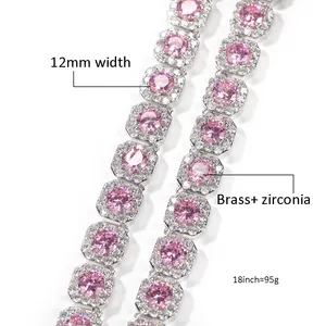 Nouvelle Mode Femmes 12mm Carré Tanins Hip Hop Mariage Moissanite Rose Violet Jaune CZ Ras Du Cou Argent Plaqué Cuivre Collier - Product Image 6