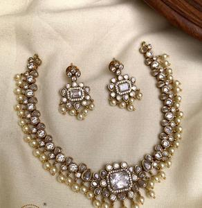 Conjunto de collar con aspecto de piedra en tono dorado de excelente calidad superior con pendientes, conjunto de joyería para mujer, ropa de boda tradicional - Product Image 2