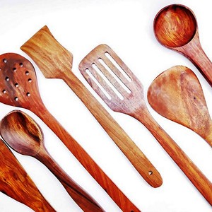 Ensemble de cuillères en bois d'acacia naturel antiadhésives, serveur à salade, bois naturel avec 2 spatules, ustensiles durables faits à la main - Product Image 3