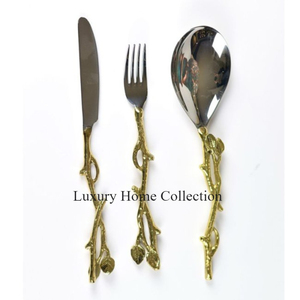 <b>Gold</b> Color Metal Designer Fancy Look Silverware Set Floral and Leaf Design Handle End Brass Made Tabletop Dining <b>Utensils</b> Set - Product Image 2