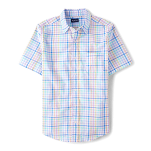 Camisa de Hombre de Algodón Popelín a Cuadros, Cuello de Solapa, Manga Corta, Dobladillo Curvo, Cierre de Botón, Varias Tallas - Product Image 1
