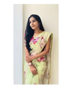 Pure silk saree with digital floral print having beautiful embroidery work of white thread caller chikankari work