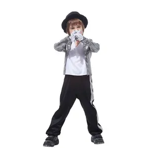 Kids Boys 80s Costume Michael Jackson Cosplay Hip Hop Stage Outfits with Matched Hat Gloves