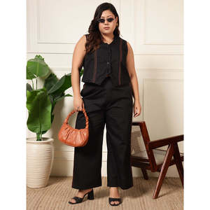Ensemble coordonné Deebaco pour femmes, noir uni, grande taille, ensemble blazer sans manches à col en V avec pantalon large, tenue occidentale en deux pièces - Product Image 1
