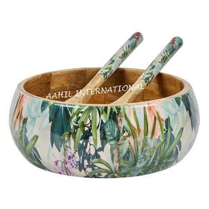 Ensaladera de madera decorativa esmaltada hecha a mano de nuevo diseño, cuenco de madera de mango de diseño impreso personalizable para uso multiusos - Product Image 3