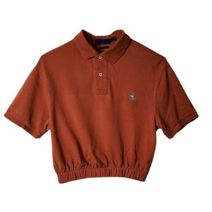 Camiseta Polo de punto de algodón para mujer, longitud corta con dobladillo elástico, logotipo bordado, decoración de botones superiores de poliéster, Color marrón - Product Image 1