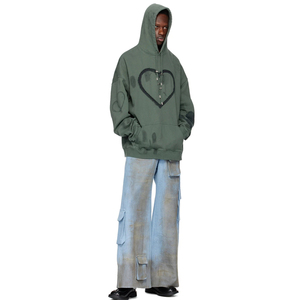 Ventes en gros de sweats à épaules tombantes avec graphismes peints à la main, en coton molletonné, en stock, sweat à capuche bleu marine avec cœur - Product Image 2