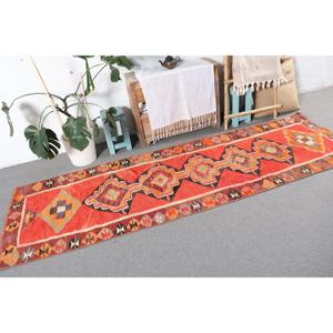 Vintage Kilim <b>Runner</b> Rug 2.7x9 ft (83x275 cm), Turkish <b>Red</b> Polka dot Wool Rug - Product Image 4