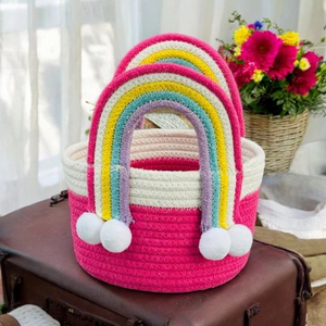 Cesta de cuerda trenzada de hilo de alta calidad con mango de arcoíris, bonita cesta de almacenamiento, organizador multiusos para el hogar, solución de almacenamiento - Product Image 1