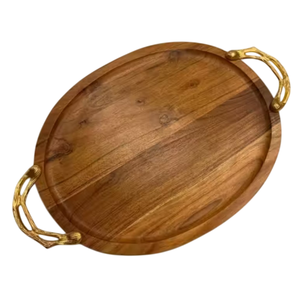 Bandeja para servir de madera de mango hecha a mano con asas de mariposa de latón, bandeja para servir alimentos para decoración rústica del hogar a la venta - Product Image 2