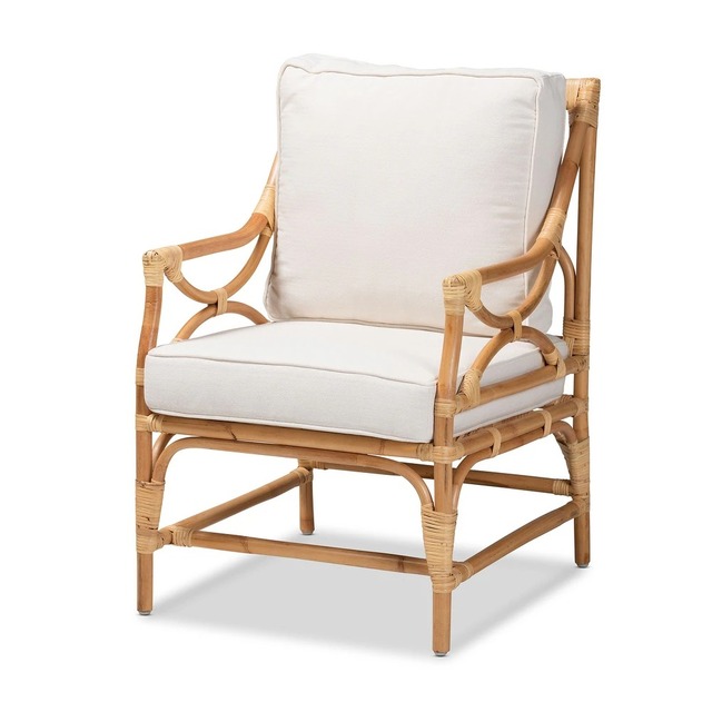 Natural Rattan Armchair Handmade Rattan Frame Lounge Chair with Cushions Boho Style Indoor Furniture