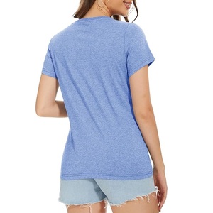 Diseño OEM personalizado 100% algodón sólido color azul claro manga corta cuello en V talla grande camiseta promocional de mujer de Bangladesh - Product Image 2