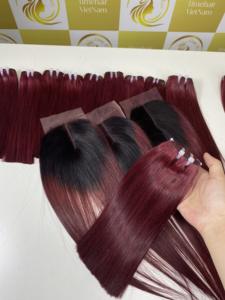 2024 Timehair Bourgogne BoneStraight Dentelle Fermeture Transparent 100% Densité Lisse Soyeux Remy Extensions de Cheveux Humains Trame Plate 8-40 - Product Image 6