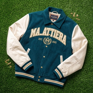 Veste bomber en velours côtelé bleu turquoise pour homme, manches en cuir crème, broderie personnalisée, OEM ODM, vente en gros - Product Image 6