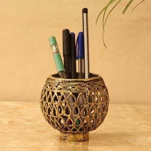 3-Inch Brass Metal Square Golden Card <b>Pen</b> Holder Bulbous Shape Ornate Desk - Product Image 2