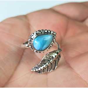 925 Sterling <b>Silver</b> Handmade Statement <b>Ring</b> Blue Larimar Gemstone Inlay Fine Quality Boho Style <b>Ring</b> Gift for Her - Product Image 1