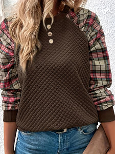 Sudadera informal de cuello redondo de manga larga empalmada a cuadros de diamantes de moda para mujer europea y americana 2025 - Product Image 5