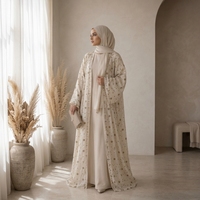 Setelan Abaya 3 Potong Ramadan EID Muslimah Elegan Mewah Berhias Manik-Manik Linen Bordir Tangan Terbuka (Kimono + Gaun Dalam + Hijab)