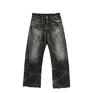 Jeans en denim foncé tendance pour hommes personnalisés été solide lavable enzyme droit mi Hip Hop Vintage Streetwear décontracté haute lavé - Product Image 1