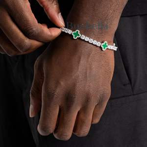 12mm 14k White Gold Plated Fine Jewelry Men's Tennis <b>Bracelet</b> Green Clover Moissanite with Diamond Elegant Bangles - Product Image 2