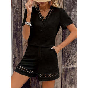 Ensemble deux pièces pour femmes, chemisier à manches courtes et col en V et short, 37650 - Noir - Product Image 3