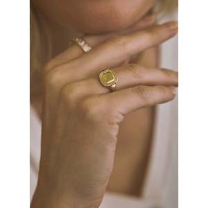 Anillo de sello de oro amarillo de 14k con circonita de 10mm, estilo Hip Hop, chapado en rodio y con engaste de 8mm de ancho, joyería para uso diario - Product Image 2
