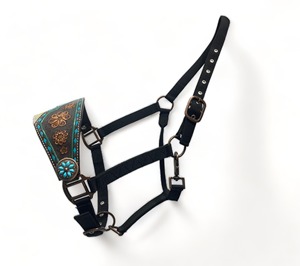 Harnais de luxe pour chevaux de style western, en cuir de vache argentin, avec sangles en nylon, imprimé holographique, surpiqûres turquoise - Product Image 5