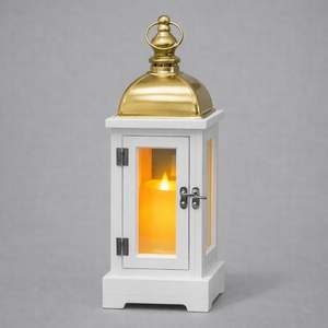 Elegant White and Grey Metal <b>Candle</b> <b>Lantern</b> with Glass Panels Warm LED Glow Indoor <b>Outdoor</b> Decorative Accent Gift - Product Image 3