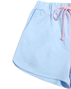 Blue Pink Colorblock <b>Women</b> <b>Shorts</b> Soft Cotton Casual Summer <b>Shorts</b> Elastic <b>Waist</b> Drawstring Comfortable <b>Gym</b> Running Activewear - Product Image 2