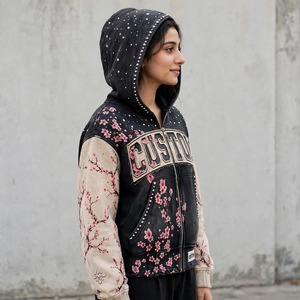Custom Floral Print <b>Rhinestone</b> Hooded <b>Jacket</b> Streetwear Style Oversized Fit Unisex Spring Wear Y2K Letterman <b>Jacket</b> 100% Cotton - Product Image 2
