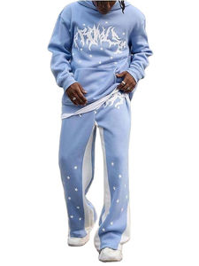 Conjunto Deportivo de Pantalones y Sudadera con Capucha para Hombre, Estilo Urbano, Lavado Ácido, Desgastado, con Parches y Logotipo Personalizado - Product Image 5