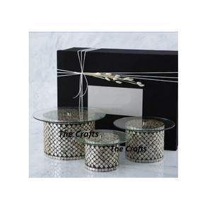 Juego de tres soportes para servir pasteles de diferentes tamaños en vidrio y servidor de postres de chocolate de madera con trabajo de fregona - Product Image 5