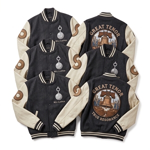 Chaqueta Letterman al por mayor, azul verdoso, de lana, estilo universitario, con bordado 'Subterranean Waters Rain Cistern' y mangas de cuero color canela, tipo bomber. - Product Image 4