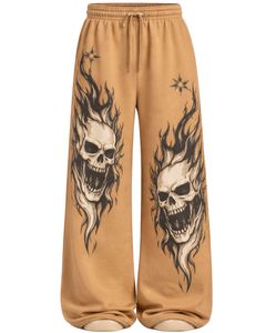 Pantalons de survêtement à jambes larges personnalisés avec imprimé flamme de chameau et crâne, style gothique surdimensionné, streetwear, pantalon de jogging en molleton, OEM ODM personnalisé - Product Image 1